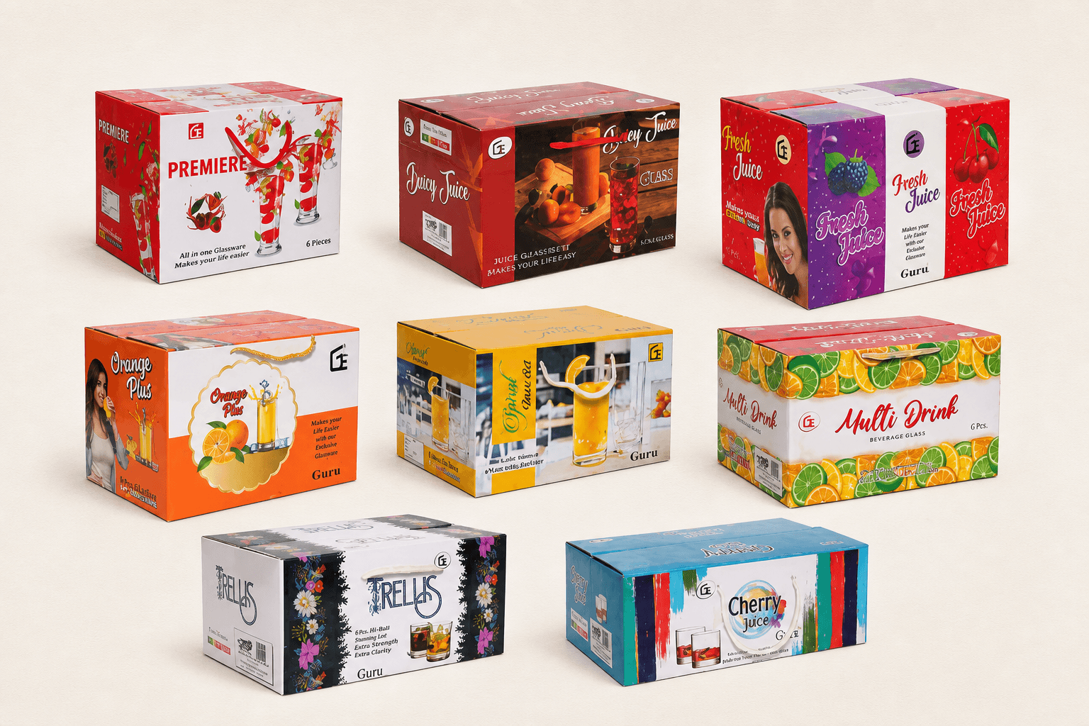 Colourful gift box packaging available for glass tumbler and wine glass sets